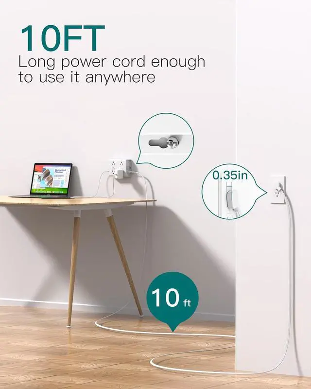 Alt view image 2 of 7 - 10FT Flat Plug Extension Cord with Multiple Outlets, Surge Protector Power Strip 10 ft Cord, 8 Outlets 4 USB Ports (2 USB C), Multi Outlet Wall Plug for Home Office College Dorm Room Essentials