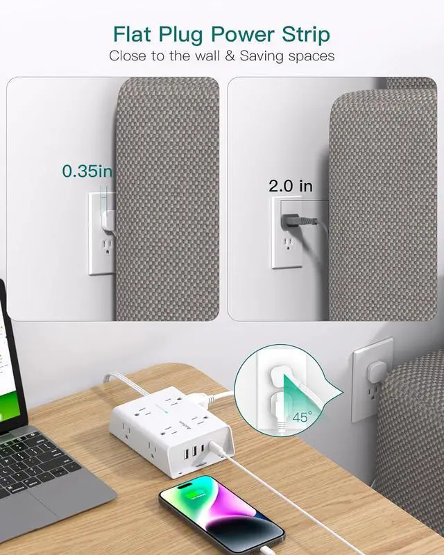 Alt view image 3 of 7 - 10FT Flat Plug Extension Cord with Multiple Outlets, Surge Protector Power Strip 10 ft Cord, 8 Outlets 4 USB Ports (2 USB C), Multi Outlet Wall Plug for Home Office College Dorm Room Essentials