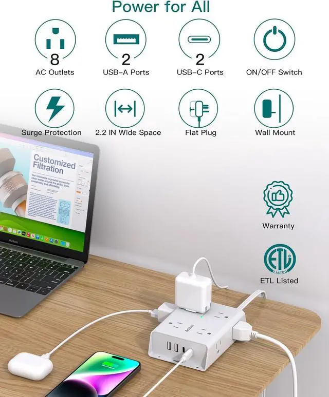 Alt view image 4 of 7 - 10FT Flat Plug Extension Cord with Multiple Outlets, Surge Protector Power Strip 10 ft Cord, 8 Outlets 4 USB Ports (2 USB C), Multi Outlet Wall Plug for Home Office College Dorm Room Essentials