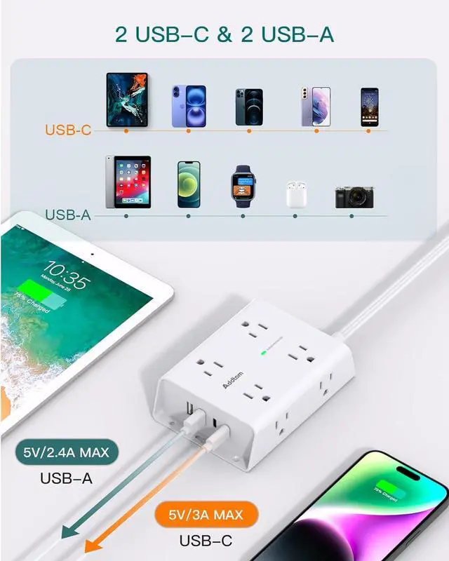 Alt view image 6 of 7 - 10FT Flat Plug Extension Cord with Multiple Outlets, Surge Protector Power Strip 10 ft Cord, 8 Outlets 4 USB Ports (2 USB C), Multi Outlet Wall Plug for Home Office College Dorm Room Essentials