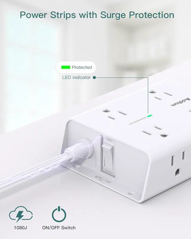Alt view image 7 of 7 - 10FT Flat Plug Extension Cord with Multiple Outlets, Surge Protector Power Strip 10 ft Cord, 8 Outlets 4 USB Ports (2 USB C), Multi Outlet Wall Plug for Home Office College Dorm Room Essentials