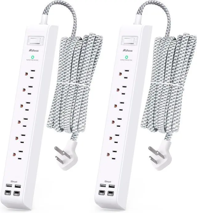Main image of 2 Pack Extension Cord 10ft Power Strip - Surge Protector with 6 Outlets 4 USB Charging Ports, Flat Plug, Overload Protection, Wall Mount for Home Office, Dorm Room Essentials