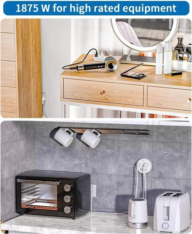 Alt view image 4 of 7 - NTONPOWER 2 Prong Power Strip with USB-C, 1875W/15A, 180° Rotating Plug, Two Prong Power Strip, 2 Prong to 3 Prong Outlet Adapter, 3 Outlets 4 USB, Extension Cord 5 feet, Ideal for Old House