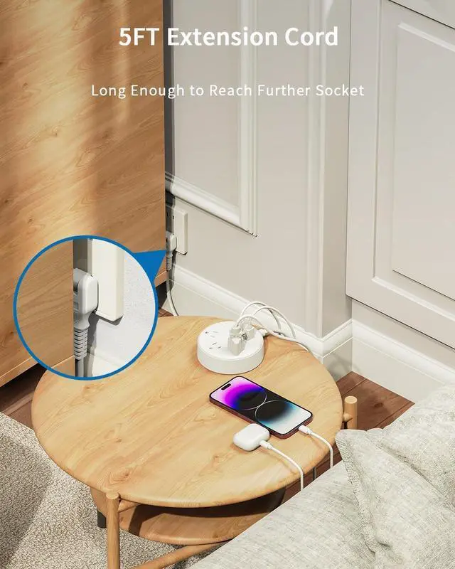 Alt view image 7 of 7 - NTONPOWER 2 Prong Power Strip with USB-C, 1875W/15A, 180° Rotating Plug, Two Prong Power Strip, 2 Prong to 3 Prong Outlet Adapter, 3 Outlets 4 USB, Extension Cord 5 feet, Ideal for Old House