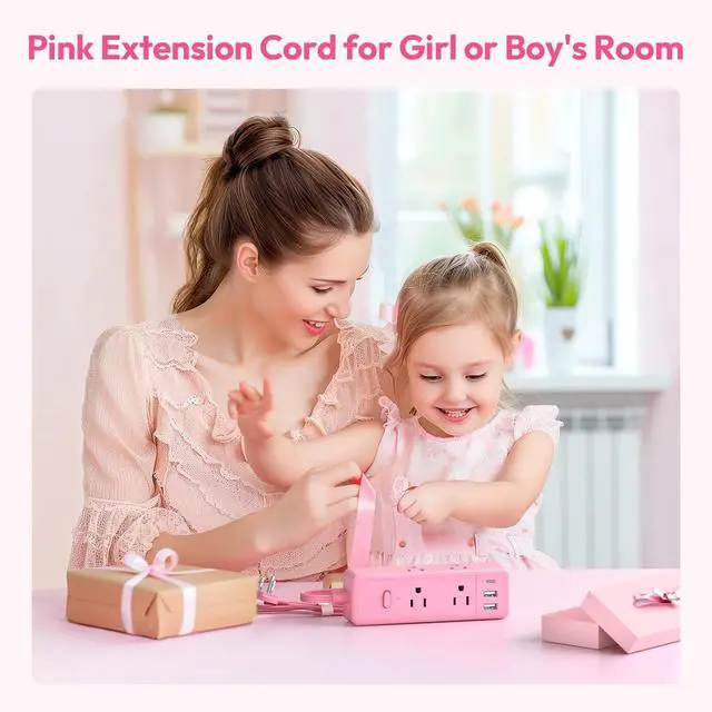 Alt view image 2 of 7 - NTONPOWER Pink Extension Cord 10 ft, 1080 Joules Surge Protector Power Strip with 6 Widely Outlets 3 USB (1 USB C), Flat Plug Extension Cord Power Strip Long Cord for Home Office Dorm Room Essentials