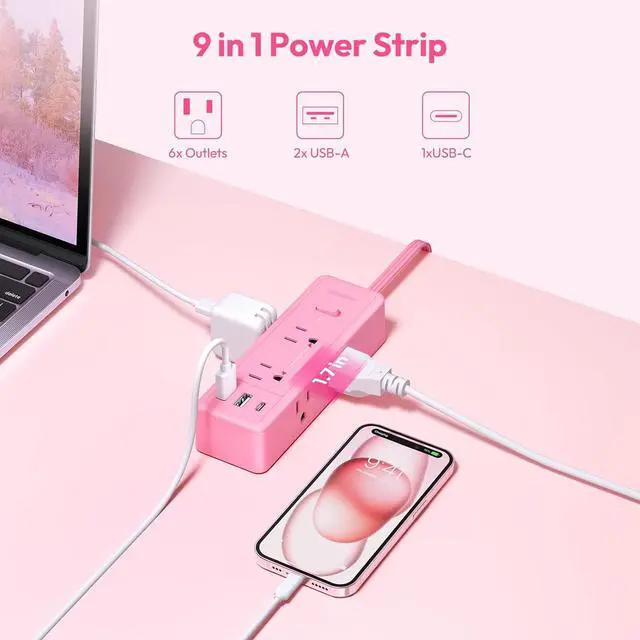 Alt view image 3 of 7 - NTONPOWER Pink Extension Cord 10 ft, 1080 Joules Surge Protector Power Strip with 6 Widely Outlets 3 USB (1 USB C), Flat Plug Extension Cord Power Strip Long Cord for Home Office Dorm Room Essentials