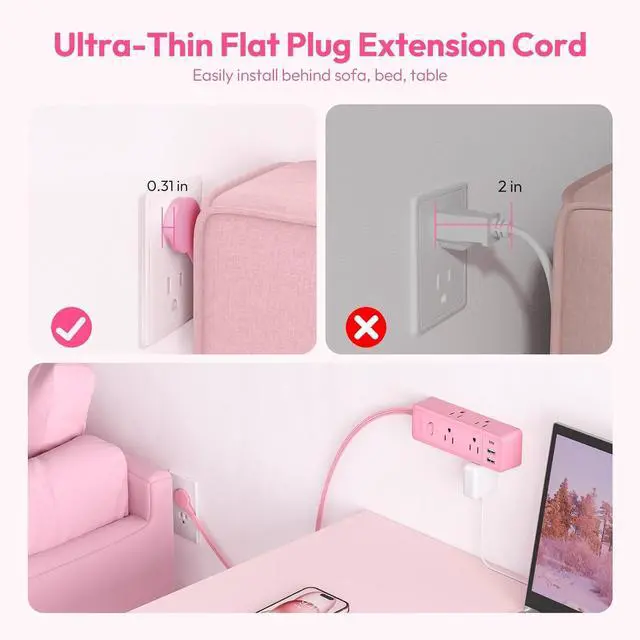 Alt view image 4 of 7 - NTONPOWER Pink Extension Cord 10 ft, 1080 Joules Surge Protector Power Strip with 6 Widely Outlets 3 USB (1 USB C), Flat Plug Extension Cord Power Strip Long Cord for Home Office Dorm Room Essentials