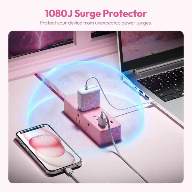 Alt view image 7 of 7 - NTONPOWER Pink Extension Cord 10 ft, 1080 Joules Surge Protector Power Strip with 6 Widely Outlets 3 USB (1 USB C), Flat Plug Extension Cord Power Strip Long Cord for Home Office Dorm Room Essentials