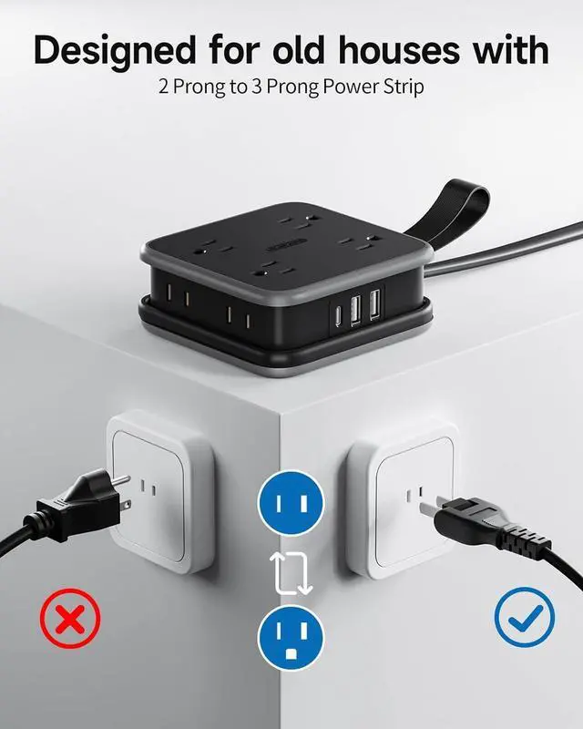 Alt view image 2 of 6 - NTONPOWER 2 Prong Power Strip, 2 to 3 Prong Adapter, 5 ft Extension Cord, 1875W/15A, 180 Rotating Plug, 8 Outlets 3 USB(1 USB C), Wall Mount for Old House, Dorm, Office Black