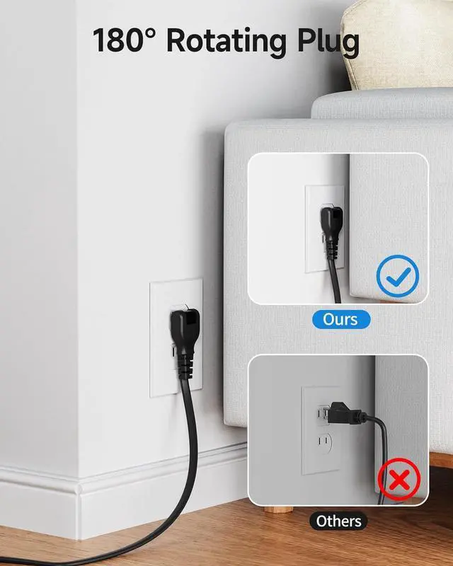 Alt view image 3 of 6 - NTONPOWER 2 Prong Power Strip, 2 to 3 Prong Adapter, 5 ft Extension Cord, 1875W/15A, 180 Rotating Plug, 8 Outlets 3 USB(1 USB C), Wall Mount for Old House, Dorm, Office Black