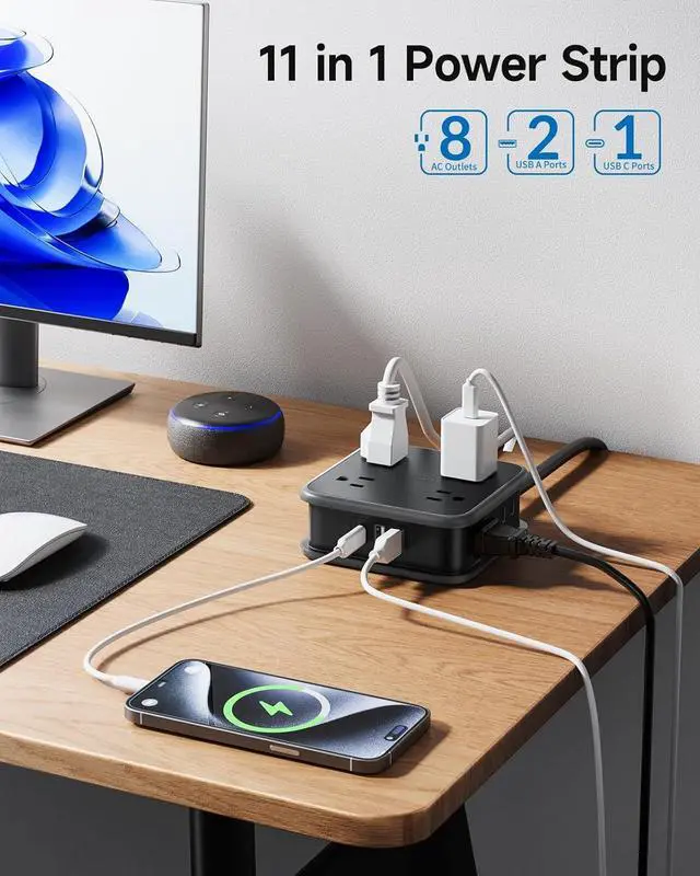 Alt view image 4 of 6 - NTONPOWER 2 Prong Power Strip, 2 to 3 Prong Adapter, 5 ft Extension Cord, 1875W/15A, 180 Rotating Plug, 8 Outlets 3 USB(1 USB C), Wall Mount for Old House, Dorm, Office Black