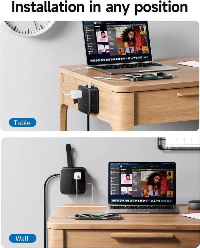 Alt view image 5 of 6 - NTONPOWER 2 Prong Power Strip, 2 to 3 Prong Adapter, 5 ft Extension Cord, 1875W/15A, 180 Rotating Plug, 8 Outlets 3 USB(1 USB C), Wall Mount for Old House, Dorm, Office Black