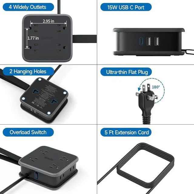 Alt view image 6 of 6 - NTONPOWER 2 Prong Power Strip, 2 to 3 Prong Adapter, 5 ft Extension Cord, 1875W/15A, 180 Rotating Plug, 8 Outlets 3 USB(1 USB C), Wall Mount for Old House, Dorm, Office Black