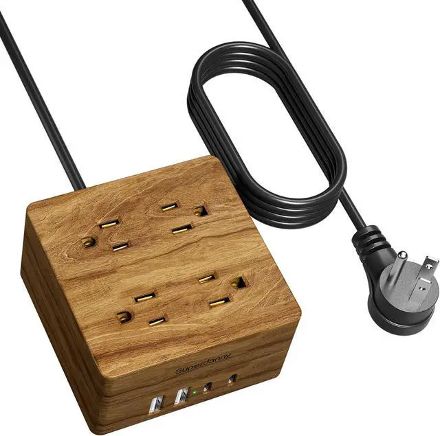 Main image of USB Power Strip Surge Protector - SUPERDANNY Desktop Extension Cord with 4 Widely Spaced Outlets & 4 Smart USB Ports, Portable Charging Station for Home, Office, Hotel, Dorm, RV, Faux Walnut Grain
