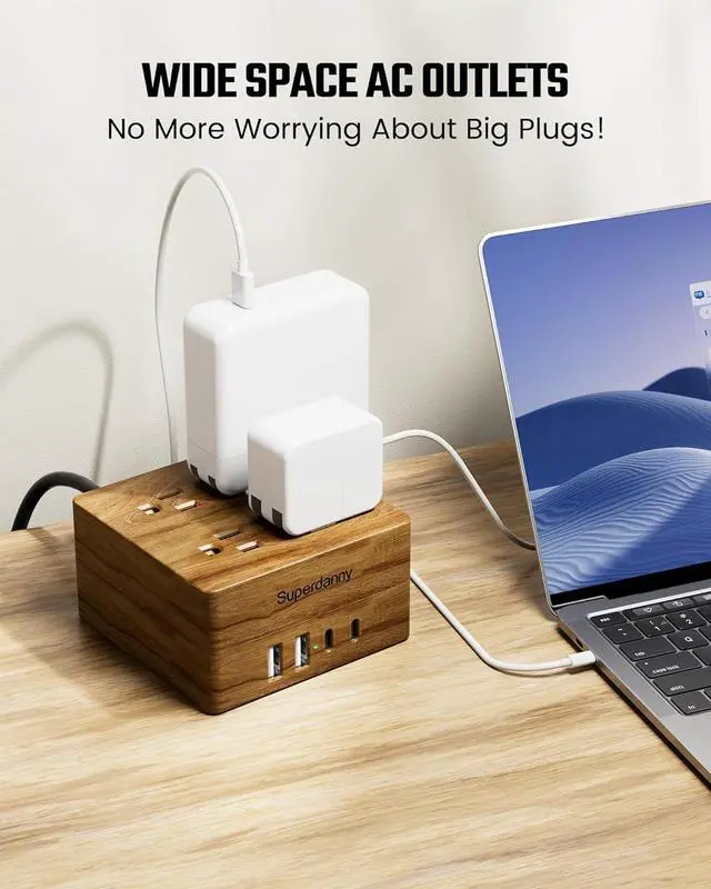 Alt view image 3 of 6 - USB Power Strip Surge Protector - SUPERDANNY Desktop Extension Cord with 4 Widely Spaced Outlets & 4 Smart USB Ports, Portable Charging Station for Home, Office, Hotel, Dorm, RV, Faux Walnut Grain