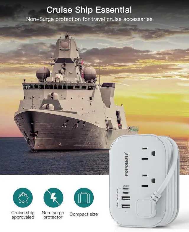 Alt view image 2 of 7 - Flat Plug Power Strip- USB Travel Power Strip, 3 Outlets and 4 USB Ports(2 USBC) Desktop Charging Station, 5 Ft Wrapped Extension Cord, Non-Surge Protector for Cruise Essentials, Travel, Home, Dorm.
