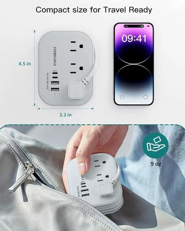 Alt view image 3 of 7 - Flat Plug Power Strip- USB Travel Power Strip, 3 Outlets and 4 USB Ports(2 USBC) Desktop Charging Station, 5 Ft Wrapped Extension Cord, Non-Surge Protector for Cruise Essentials, Travel, Home, Dorm.