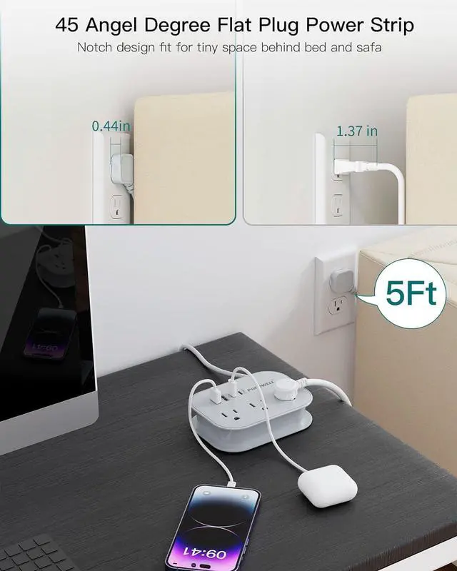 Alt view image 5 of 7 - Flat Plug Power Strip- USB Travel Power Strip, 3 Outlets and 4 USB Ports(2 USBC) Desktop Charging Station, 5 Ft Wrapped Extension Cord, Non-Surge Protector for Cruise Essentials, Travel, Home, Dorm.