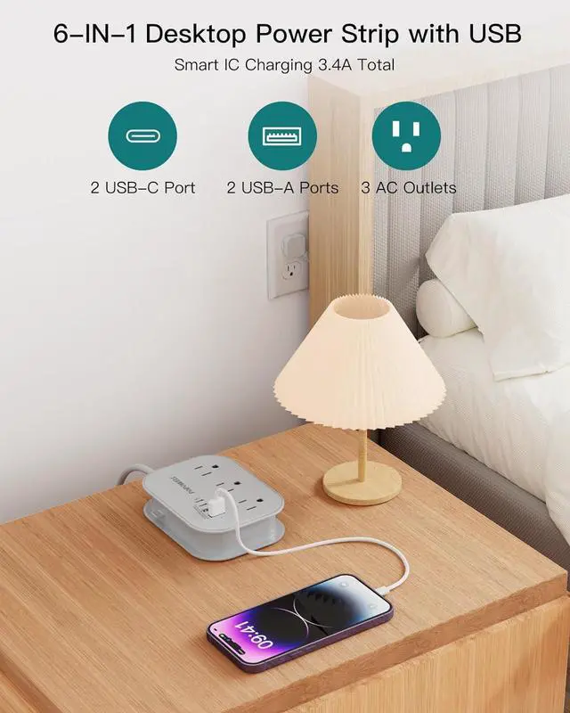 Alt view image 6 of 7 - Flat Plug Power Strip- USB Travel Power Strip, 3 Outlets and 4 USB Ports(2 USBC) Desktop Charging Station, 5 Ft Wrapped Extension Cord, Non-Surge Protector for Cruise Essentials, Travel, Home, Dorm.