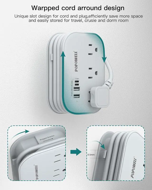 Alt view image 7 of 7 - Flat Plug Power Strip- USB Travel Power Strip, 3 Outlets and 4 USB Ports(2 USBC) Desktop Charging Station, 5 Ft Wrapped Extension Cord, Non-Surge Protector for Cruise Essentials, Travel, Home, Dorm.