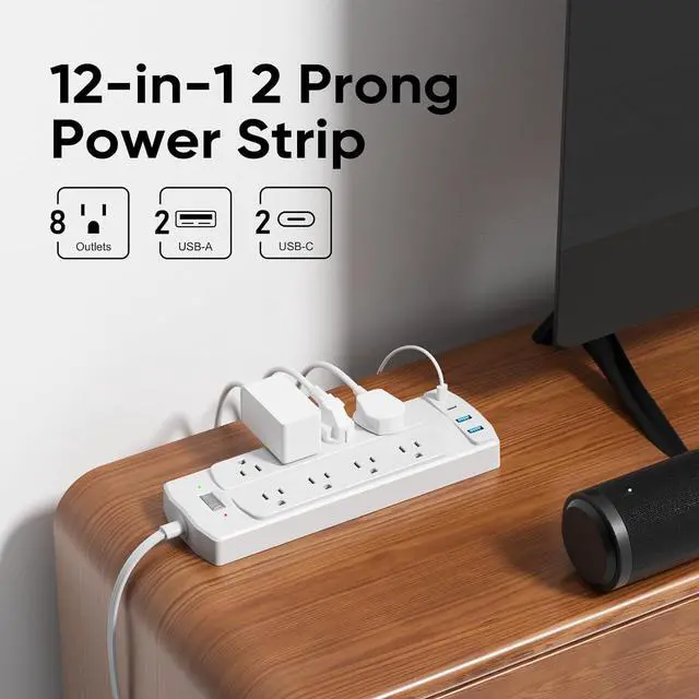 Alt view image 2 of 5 - 2 Prong Power Strip, Yozisital 2 Prong to 3 Prong Outlet Adapter, 5FT Extension Cord with Polarized Plug, 1200J Surge Protector, 8 AC Outlets & 4 USB, Wall Mountable, Ideal for Non-Grounded Outlets