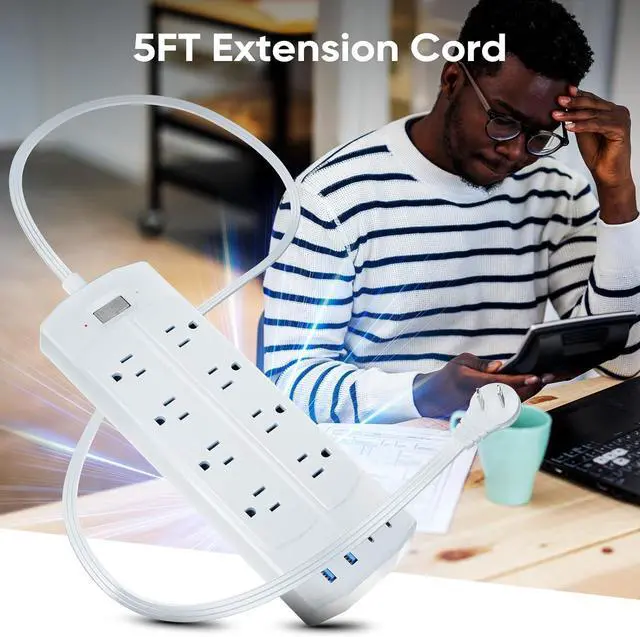 Alt view image 4 of 5 - 2 Prong Power Strip, Yozisital 2 Prong to 3 Prong Outlet Adapter, 5FT Extension Cord with Polarized Plug, 1200J Surge Protector, 8 AC Outlets & 4 USB, Wall Mountable, Ideal for Non-Grounded Outlets