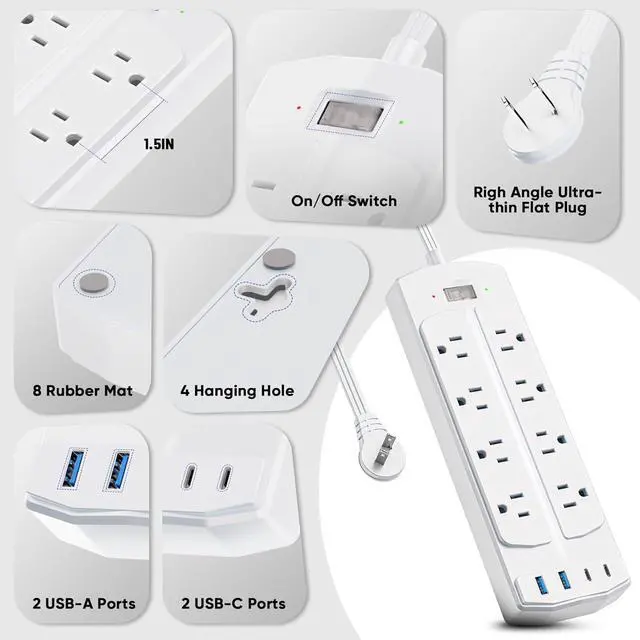 Alt view image 5 of 5 - 2 Prong Power Strip, Yozisital 2 Prong to 3 Prong Outlet Adapter, 5FT Extension Cord with Polarized Plug, 1200J Surge Protector, 8 AC Outlets & 4 USB, Wall Mountable, Ideal for Non-Grounded Outlets