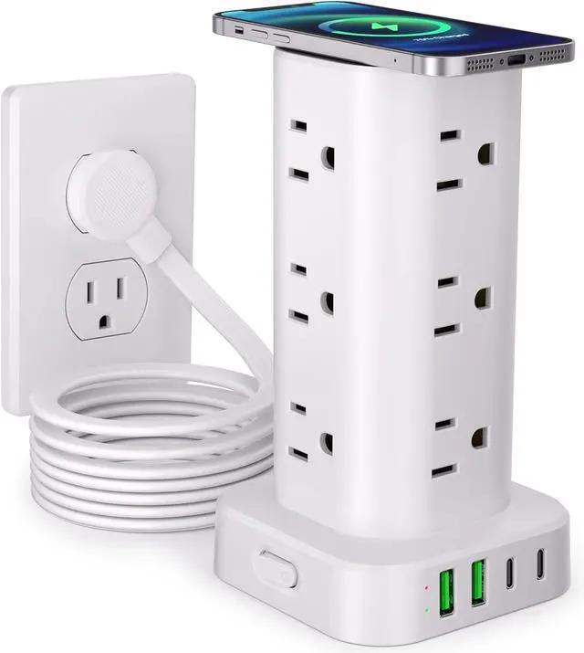 Main image of Power Strip with Wireless Charger, Flat Plug Surge Protector with 10FT Extension Cord, 12 AC Multiple Outlets, 4 USB (2 USB C), 15W Wireless Charging Power Tower for Home Office Dorm, White
