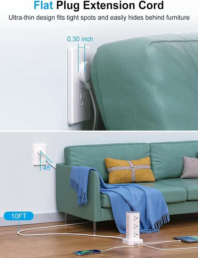 Alt view image 3 of 7 - Power Strip with Wireless Charger, Flat Plug Surge Protector with 10FT Extension Cord, 12 AC Multiple Outlets, 4 USB (2 USB C), 15W Wireless Charging Power Tower for Home Office Dorm, White