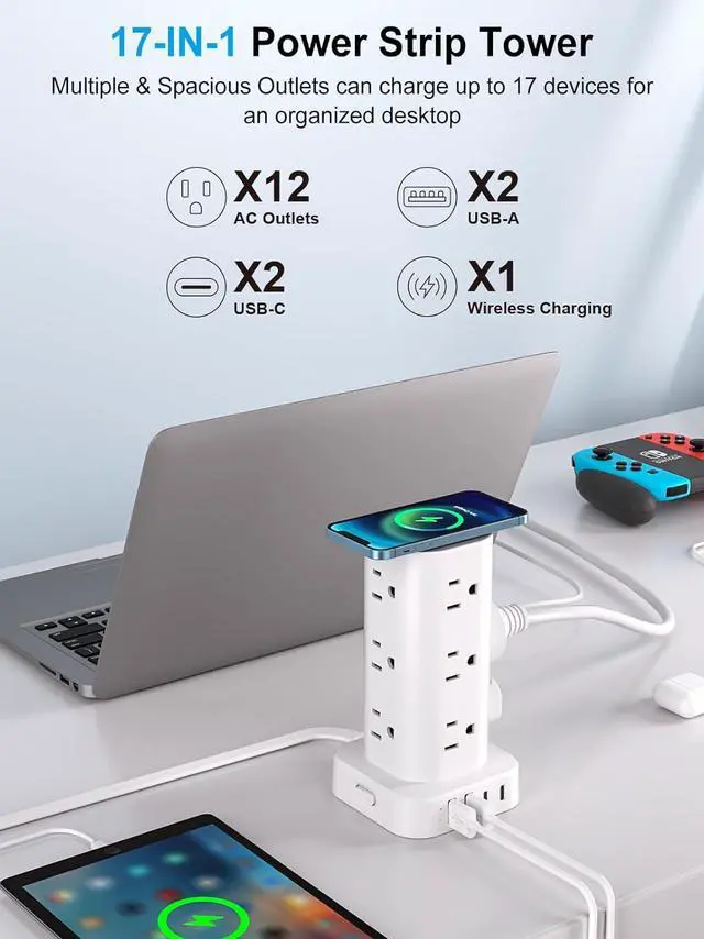 Alt view image 2 of 7 - Power Strip with Wireless Charger, Flat Plug Surge Protector with 10FT Extension Cord, 12 AC Multiple Outlets, 4 USB (2 USB C), 15W Wireless Charging Power Tower for Home Office Dorm, White