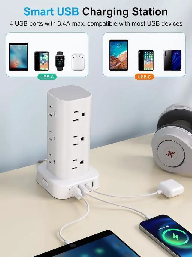 Alt view image 5 of 7 - Power Strip with Wireless Charger, Flat Plug Surge Protector with 10FT Extension Cord, 12 AC Multiple Outlets, 4 USB (2 USB C), 15W Wireless Charging Power Tower for Home Office Dorm, White