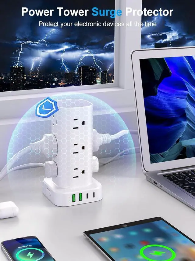 Alt view image 6 of 7 - Power Strip with Wireless Charger, Flat Plug Surge Protector with 10FT Extension Cord, 12 AC Multiple Outlets, 4 USB (2 USB C), 15W Wireless Charging Power Tower for Home Office Dorm, White