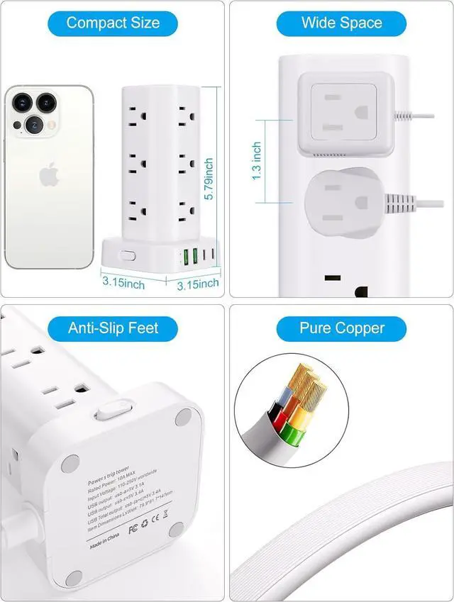 Alt view image 7 of 7 - Power Strip with Wireless Charger, Flat Plug Surge Protector with 10FT Extension Cord, 12 AC Multiple Outlets, 4 USB (2 USB C), 15W Wireless Charging Power Tower for Home Office Dorm, White