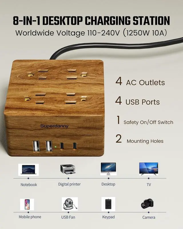 Alt view image 2 of 6 - USB Power Strip Surge Protector - SUPERDANNY Desktop Extension Cord with 4 Widely Spaced Outlets & 4 Smart USB Ports, Portable Charging Station for Home, Office, Hotel, Dorm, RV, Faux Walnut Grain