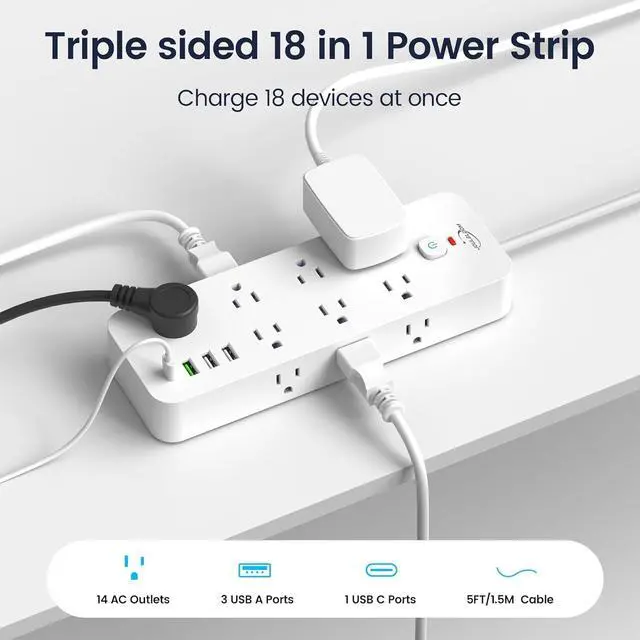 Alt view image 2 of 7 - Surge Protector Power Strip with USB Ports, 14 AC Outlets with 4 USB Ports (1 USB C), 5 Feet Extension Cord with Multiple outlets, 1875W/15A, One Touch Switch Button, Wall Mountable for Home, Office