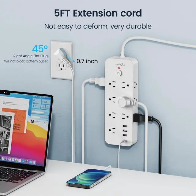 Alt view image 3 of 7 - Surge Protector Power Strip with USB Ports, 14 AC Outlets with 4 USB Ports (1 USB C), 5 Feet Extension Cord with Multiple outlets, 1875W/15A, One Touch Switch Button, Wall Mountable for Home, Office