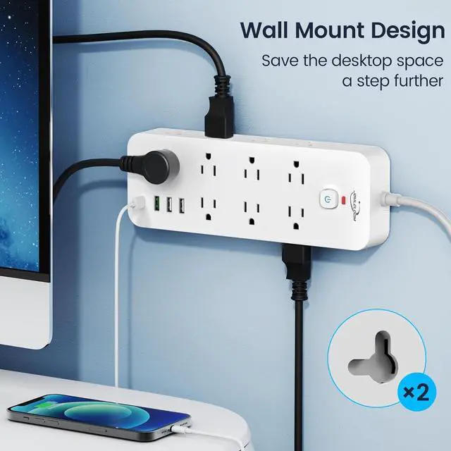 Alt view image 4 of 7 - Surge Protector Power Strip with USB Ports, 14 AC Outlets with 4 USB Ports (1 USB C), 5 Feet Extension Cord with Multiple outlets, 1875W/15A, One Touch Switch Button, Wall Mountable for Home, Office