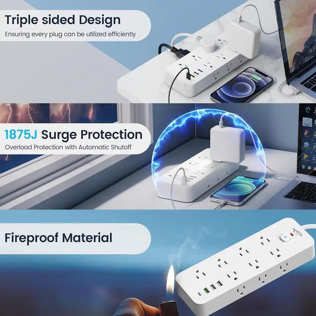 Alt view image 5 of 7 - Surge Protector Power Strip with USB Ports, 14 AC Outlets with 4 USB Ports (1 USB C), 5 Feet Extension Cord with Multiple outlets, 1875W/15A, One Touch Switch Button, Wall Mountable for Home, Office
