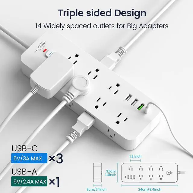 Alt view image 6 of 7 - Surge Protector Power Strip with USB Ports, 14 AC Outlets with 4 USB Ports (1 USB C), 5 Feet Extension Cord with Multiple outlets, 1875W/15A, One Touch Switch Button, Wall Mountable for Home, Office