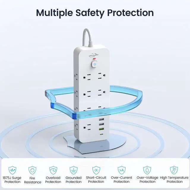 Alt view image 7 of 7 - Surge Protector Power Strip with USB Ports, 14 AC Outlets with 4 USB Ports (1 USB C), 5 Feet Extension Cord with Multiple outlets, 1875W/15A, One Touch Switch Button, Wall Mountable for Home, Office