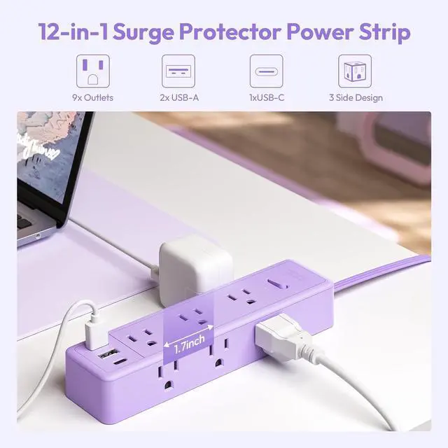 Alt view image 2 of 7 - Purple Power Strip, NTONPOWER Surge Protector Purple Extension Cord 5FT, 9 Outlets 3 USB (1 USB C), Mounted,1080J, Multiple Outlets Desk Accessories for Home Office, Vanity Desk, Nightstand