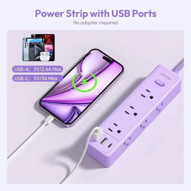 Alt view image 3 of 7 - Purple Power Strip, NTONPOWER Surge Protector Purple Extension Cord 5FT, 9 Outlets 3 USB (1 USB C), Mounted,1080J, Multiple Outlets Desk Accessories for Home Office, Vanity Desk, Nightstand