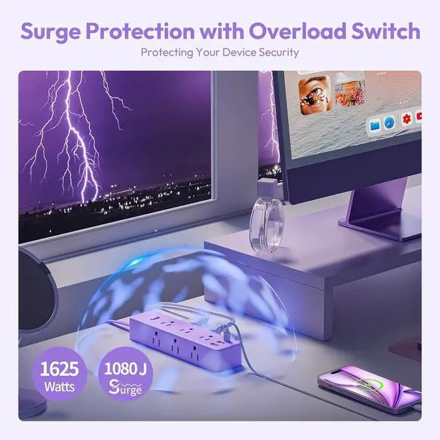 Alt view image 4 of 7 - Purple Power Strip, NTONPOWER Surge Protector Purple Extension Cord 5FT, 9 Outlets 3 USB (1 USB C), Mounted,1080J, Multiple Outlets Desk Accessories for Home Office, Vanity Desk, Nightstand
