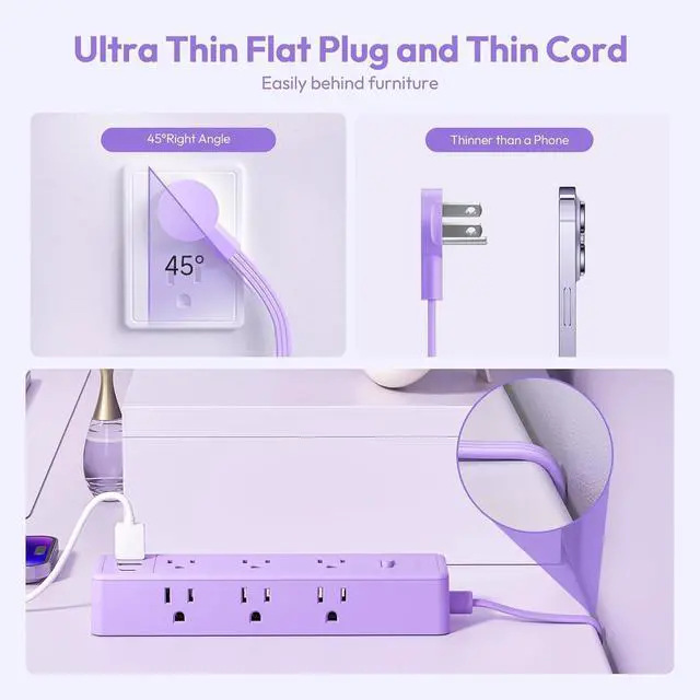Alt view image 5 of 7 - Purple Power Strip, NTONPOWER Surge Protector Purple Extension Cord 5FT, 9 Outlets 3 USB (1 USB C), Mounted,1080J, Multiple Outlets Desk Accessories for Home Office, Vanity Desk, Nightstand
