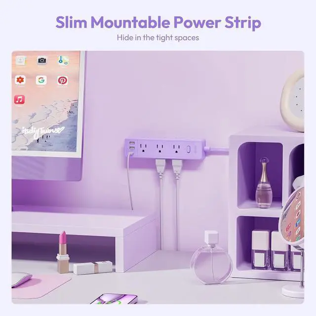 Alt view image 6 of 7 - Purple Power Strip, NTONPOWER Surge Protector Purple Extension Cord 5FT, 9 Outlets 3 USB (1 USB C), Mounted,1080J, Multiple Outlets Desk Accessories for Home Office, Vanity Desk, Nightstand