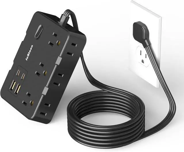 Main image of Flat Plug Power Strip Surge Protector, 5ft Ultra Thin Extension Cord with 4 USB Wall Charger(2 USB C Port), 6 Widely-Spaced Outlets Power Strip Compact for Travel, Office, Dorm Room Essentials (Black)