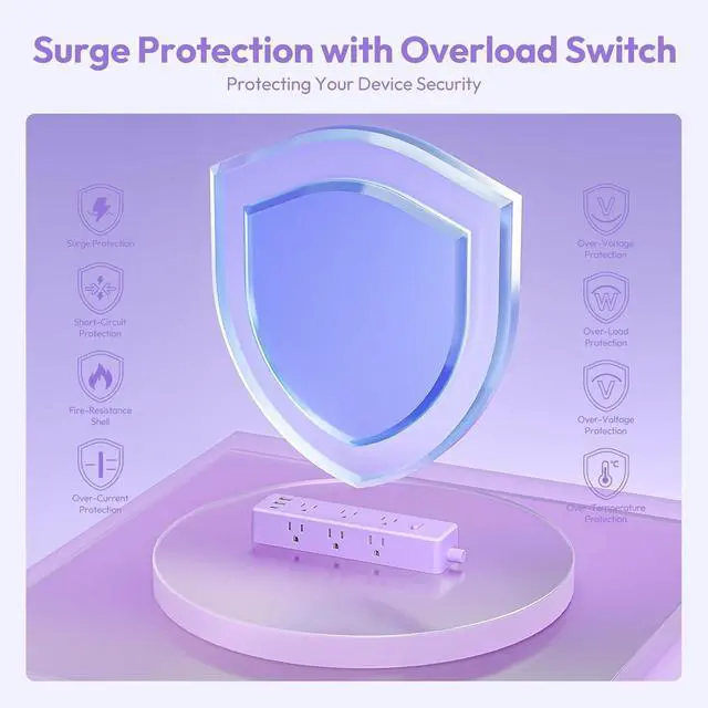 Alt view image 7 of 7 - Purple Power Strip, NTONPOWER Surge Protector Purple Extension Cord 5FT, 9 Outlets 3 USB (1 USB C), Mounted,1080J, Multiple Outlets Desk Accessories for Home Office, Vanity Desk, Nightstand