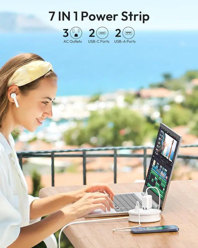 Alt view image 3 of 7 - NTONPOWER Travel Power Strip, Travel Essentials, Cruise Essentials 3 Outlets 4 USB Ports(2 USB C), 4FT Wrapped Around Extension Cord for Travel Cruise Ship Beach Vacation Essentials White