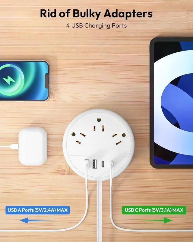 Alt view image 2 of 7 - NTONPOWER Travel Power Strip, Travel Essentials, Cruise Essentials 3 Outlets 4 USB Ports(2 USB C), 4FT Wrapped Around Extension Cord for Travel Cruise Ship Beach Vacation Essentials White