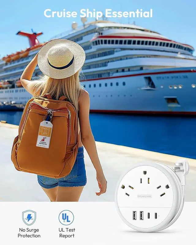 Alt view image 4 of 7 - NTONPOWER Travel Power Strip, Travel Essentials, Cruise Essentials 3 Outlets 4 USB Ports(2 USB C), 4FT Wrapped Around Extension Cord for Travel Cruise Ship Beach Vacation Essentials White